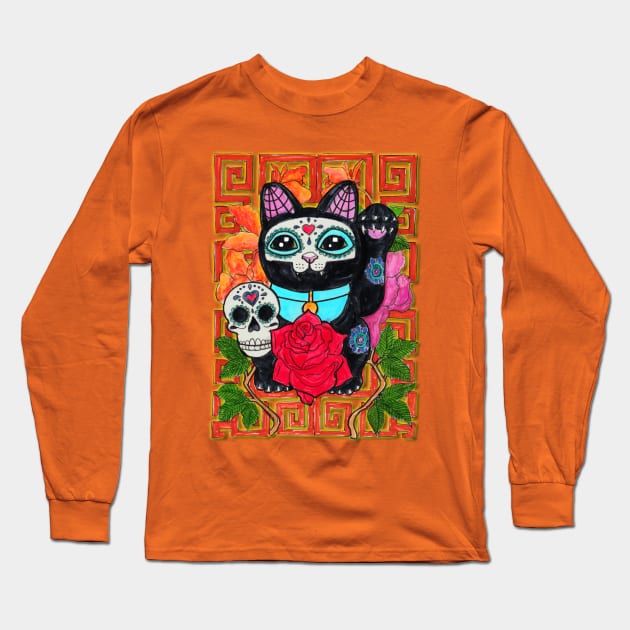 Day of the Dead lucky cat Long Sleeve T-Shirt by JenStedman73